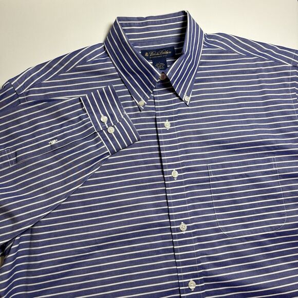 Brooks Brothers Navy Blue Stripped Non iron Men L Button Down Shirt Long Sleeve - Picture 3 of 7